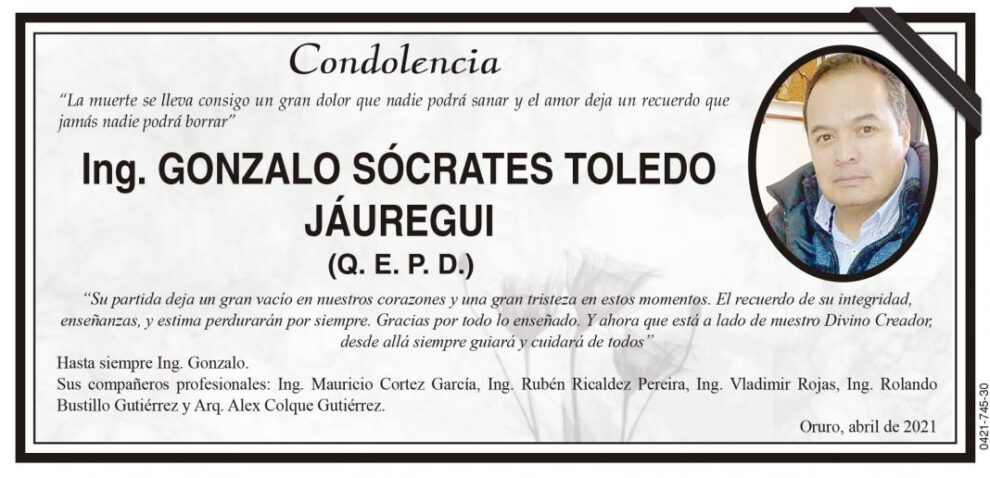 Condolencia por la muerte de Ing. Gonzalo Sócrates Toledo Jáuregui