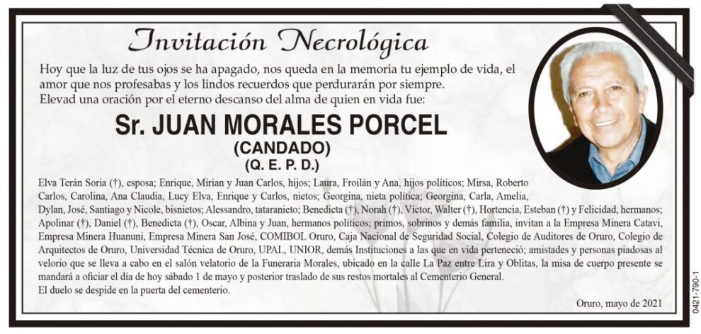Invitación Necrológica para Juan Morales Porcel