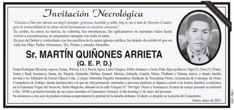 Invitación Necrológica: Martín Quiñones Arrieta