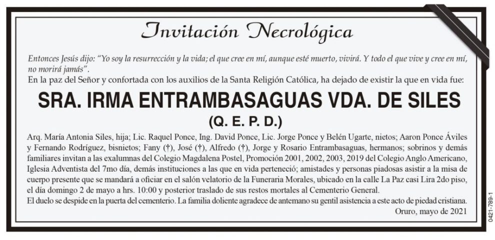 Invitación Necrológica de Irma Entrambasaguas