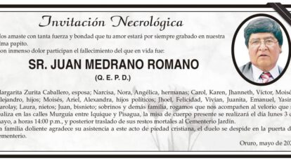 Invitación Necrológica: Juan Medrano Romano (Q. E. P. D.)