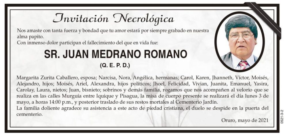 Invitación Necrológica: Juan Medrano Romano (Q. E. P. D.)