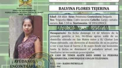 Feminicidio en Tarija: hallan el cuerpo de Balvina Flores