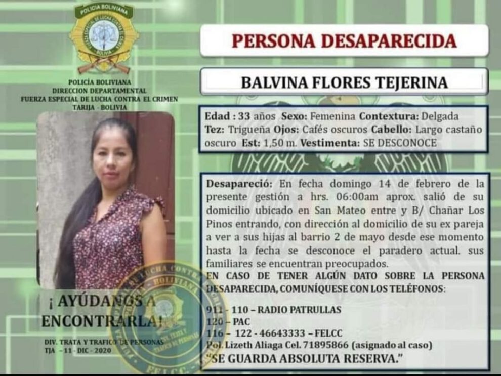 Feminicidio en Tarija: hallan el cuerpo de Balvina Flores