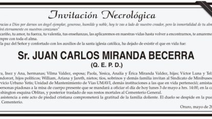 Invitación Necrológica Juan Carlos Miranda Becerra