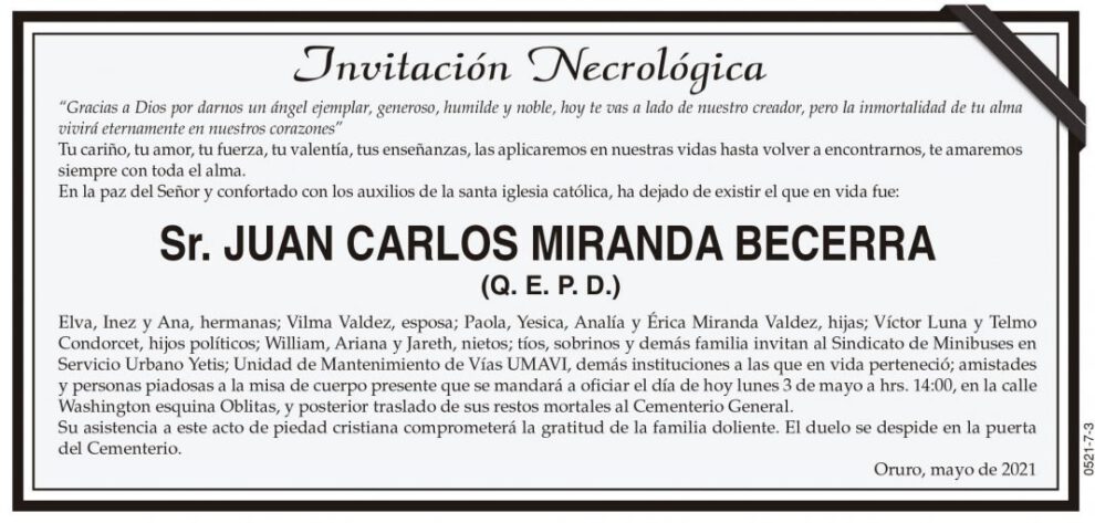 Invitación Necrológica Juan Carlos Miranda Becerra