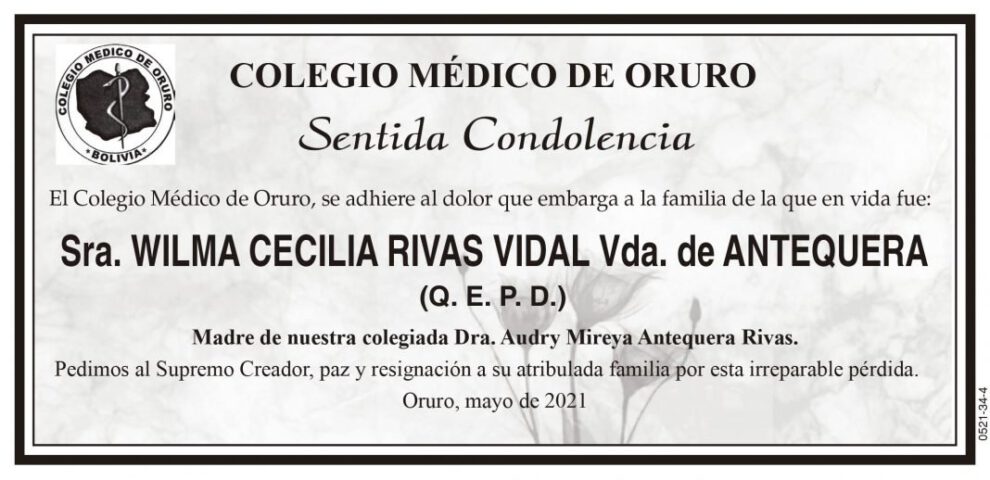 Condolencias por la pérdida de Wilma Cecilia Rivas Vidal