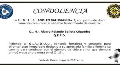 Condolencia por el fallecimiento de Álvaro Rolando Bellota Céspedes