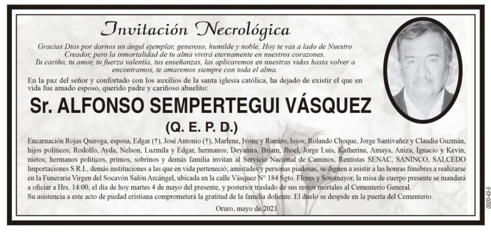 Invitación Necrológica: Sr. Alfonso Sempertegui Vásquez (Q. E. P. D.)