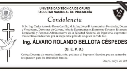 Condolencia por Ing. Álvaro Rolando Bellota Céspedes