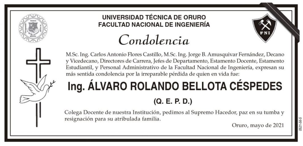 Condolencia por Ing. Álvaro Rolando Bellota Céspedes