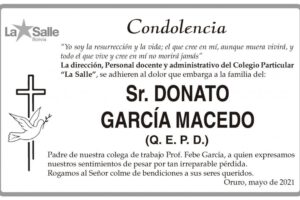 Condolencia por la pérdida de Donato García Macedo