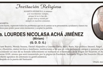 Invitación Religiosa para Lourdes Nicolasa Achá Jiménez