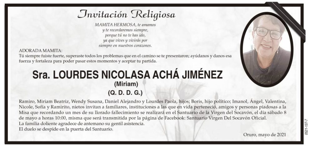 Invitación Religiosa para Lourdes Nicolasa Achá Jiménez