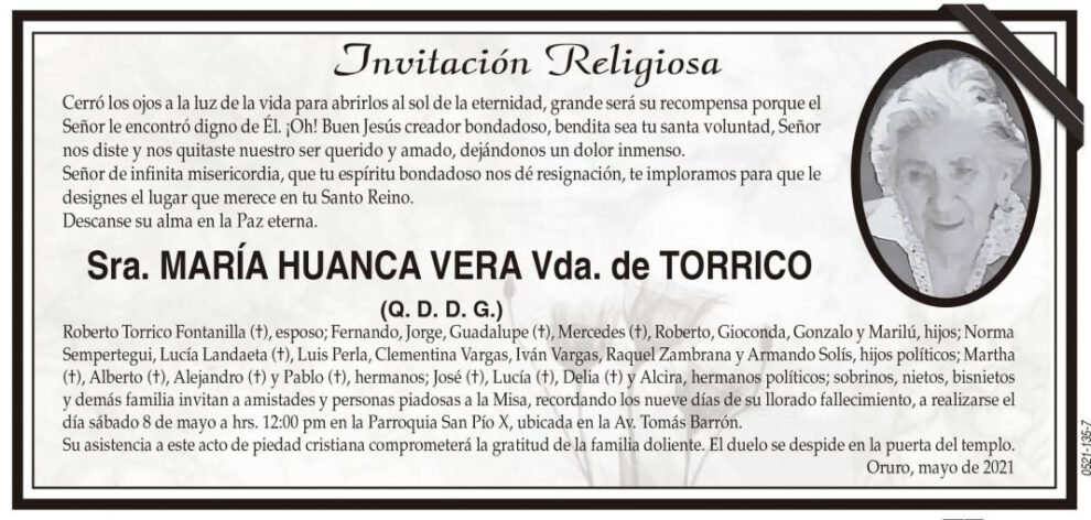 Obituario de María Huanca Vera