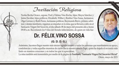 Invitación Religiosa para Dr. Félix Vino Sossa