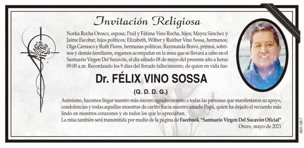 Invitación Religiosa para Dr. Félix Vino Sossa