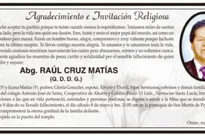 Agradecimiento e Invitación Religiosa por el fallecimiento de Abg. RAÚL CRUZ MATÍAS