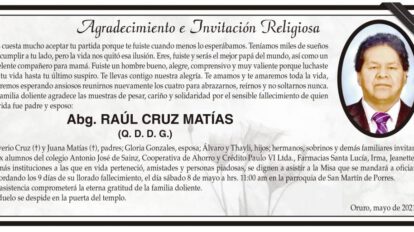 Agradecimiento e Invitación Religiosa por el fallecimiento de Abg. RAÚL CRUZ MATÍAS
