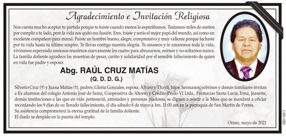 Agradecimiento e Invitación Religiosa por el fallecimiento de Abg. RAÚL CRUZ MATÍAS