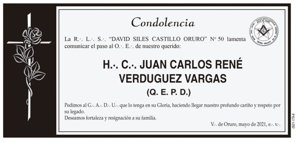 Condolencia por Juan Carlos René Verduguez Vargas
