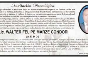 Lic. Walter Felipe Marze Condori, obituario y capilla ardiente