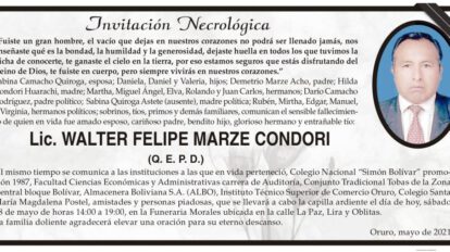 Lic. Walter Felipe Marze Condori, obituario y capilla ardiente