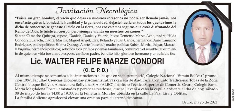 Lic. Walter Felipe Marze Condori, obituario y capilla ardiente