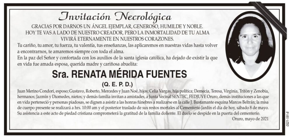Invitación Necrológica para Renata Mérida Fuentes