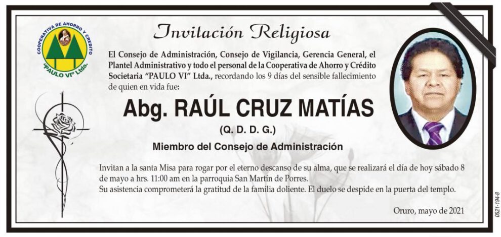 Invitación Religiosa para Abg. Raúl Cruz Matías