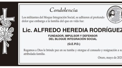 Condolencia por Lic. Alfredo Heredia Rodríguez