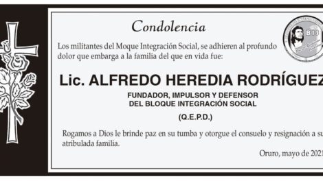 Condolencia por Lic. Alfredo Heredia Rodríguez