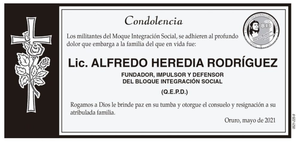 Condolencia por Lic. Alfredo Heredia Rodríguez