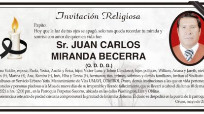 Invitación Religiosa para Juan Carlos Miranda Becerra