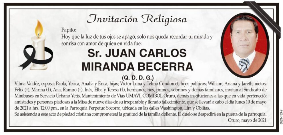 Invitación Religiosa para Juan Carlos Miranda Becerra