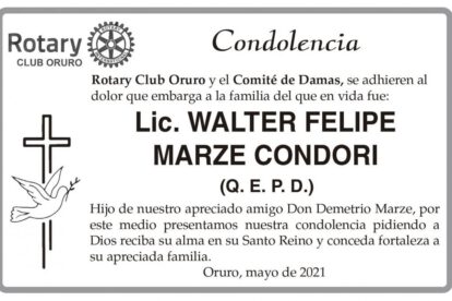 Condolencia por Lic. Walter Felipe Marze Condori