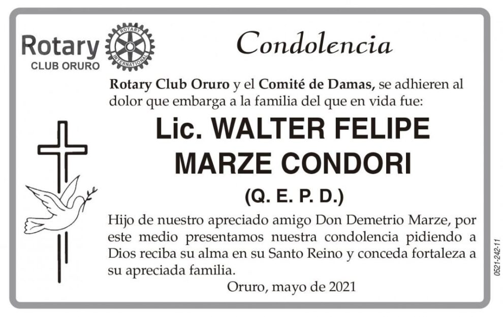 Condolencia por Lic. Walter Felipe Marze Condori