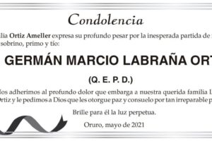 Condolencia por la partida de Germán Marcio Labraña Ortiz