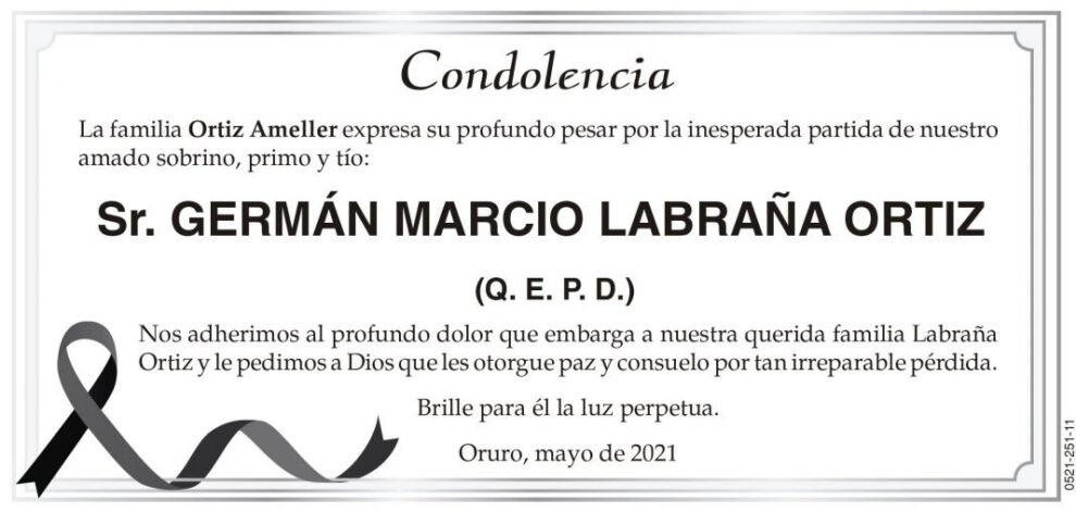 Condolencia por la partida de Germán Marcio Labraña Ortiz