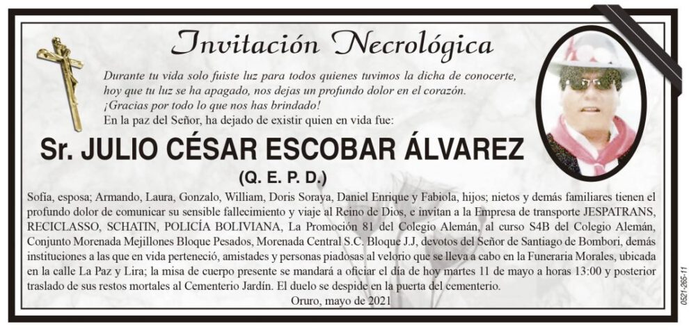 Invitación Necrológica: Sr. Julio César Escobar Álvarez