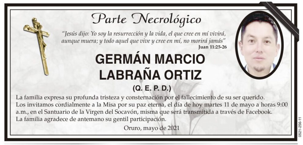Parte Necrológico de Germán Marcio Labraña Ortiz