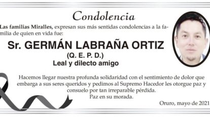 Condolencia por la pérdida de Germán Labraña Ortiz