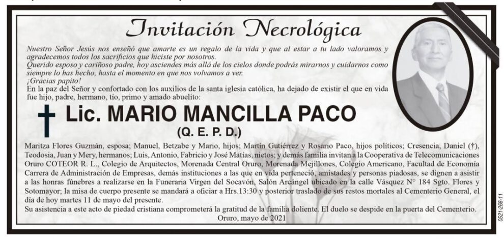 Invitación Necrológica Lic. Mario Mancilla Paco