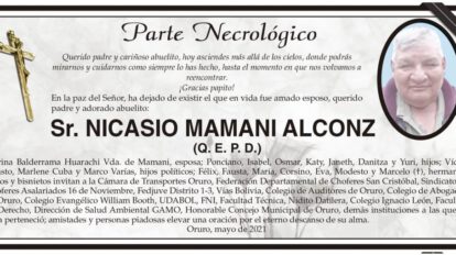 Parte Necrológico de Nicasio Mamani Alconz
