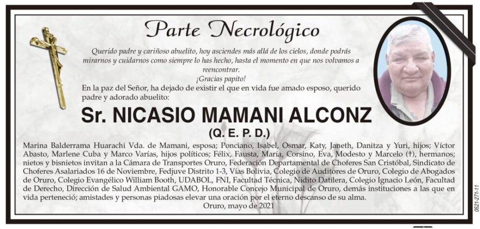 Parte Necrológico de Nicasio Mamani Alconz