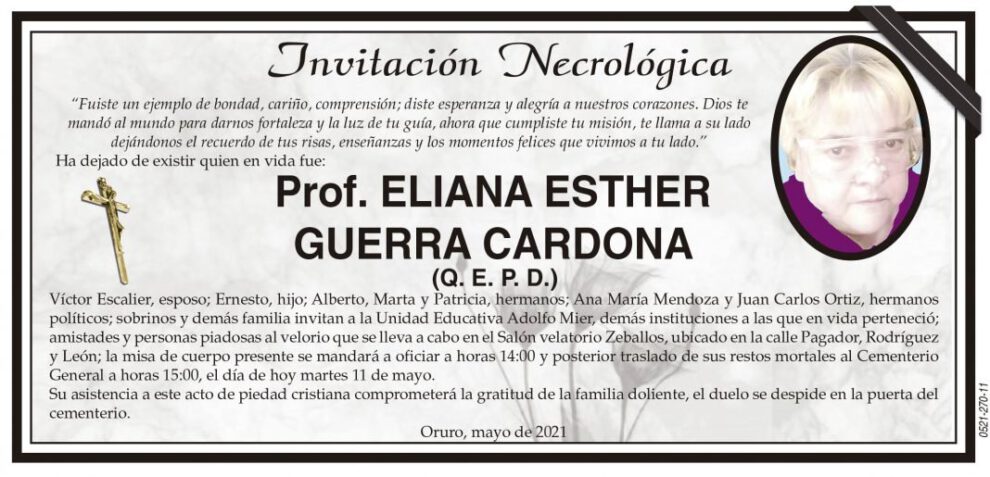 Invitación Necrológica: Prof. Eliana Esther Guerra Cardona