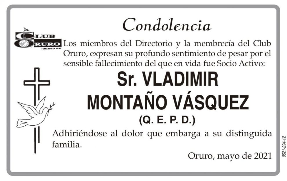 Condolencia por el fallecimiento de Vladimir Montaño Vásquez