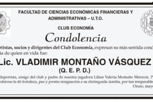 Condolencia por el fallecimiento del Lic. Vladimir Montaño Vásquez
