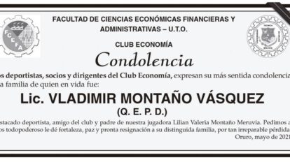 Condolencia por el fallecimiento del Lic. Vladimir Montaño Vásquez