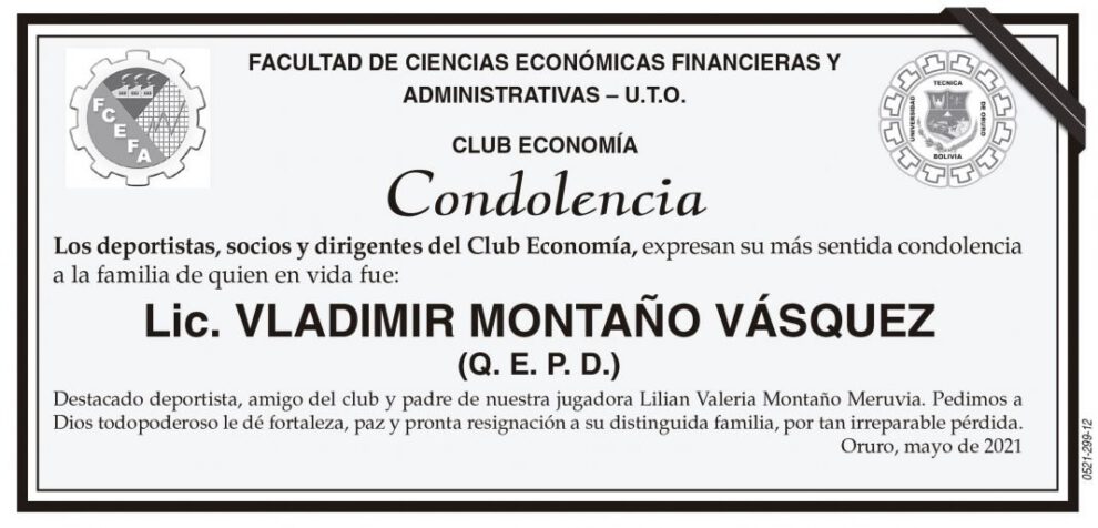 Condolencia por el fallecimiento del Lic. Vladimir Montaño Vásquez